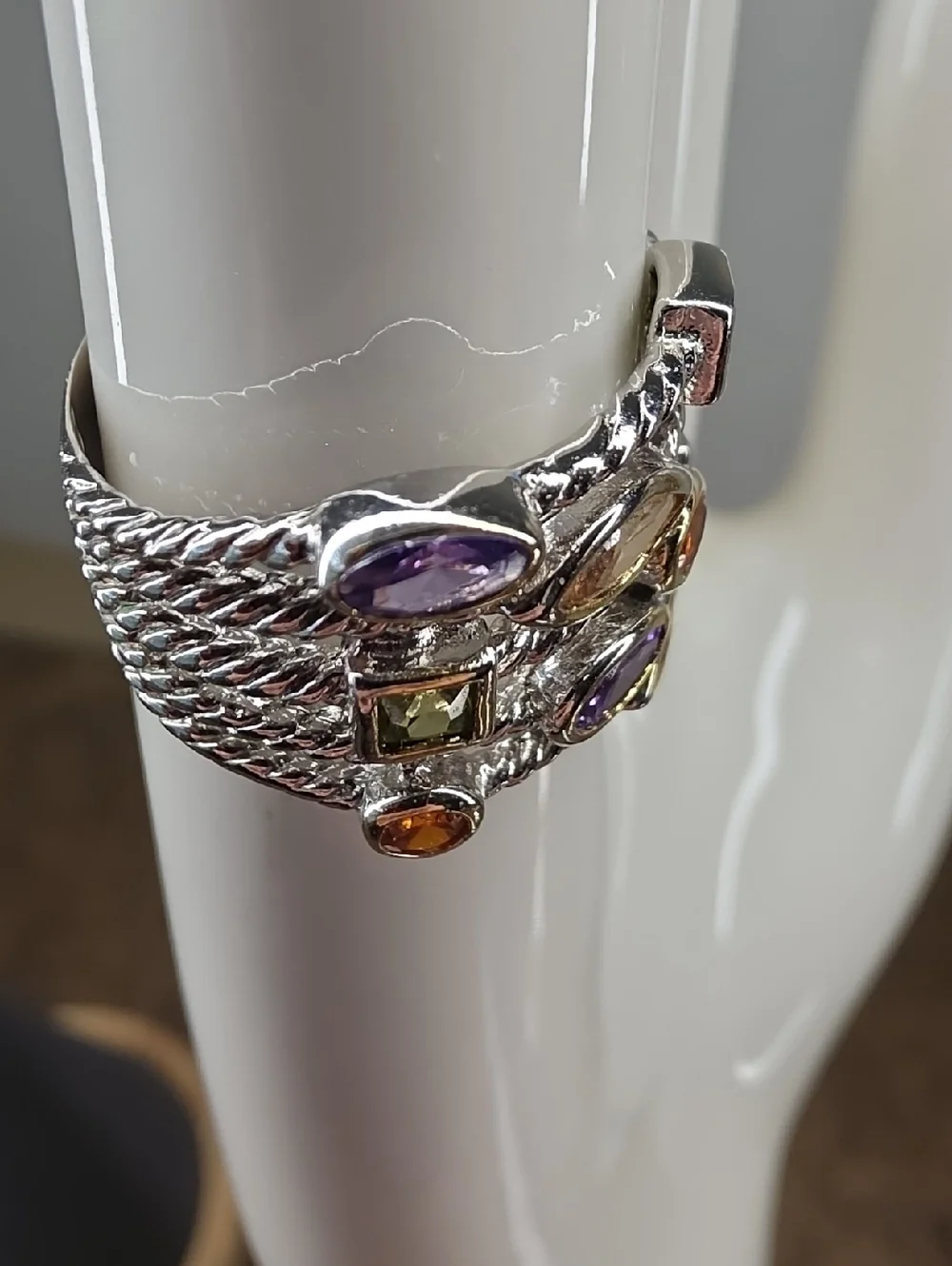Vintage Multi-Color Confetti Oval Square Stone Multi Stack Silver Stackable Ring
